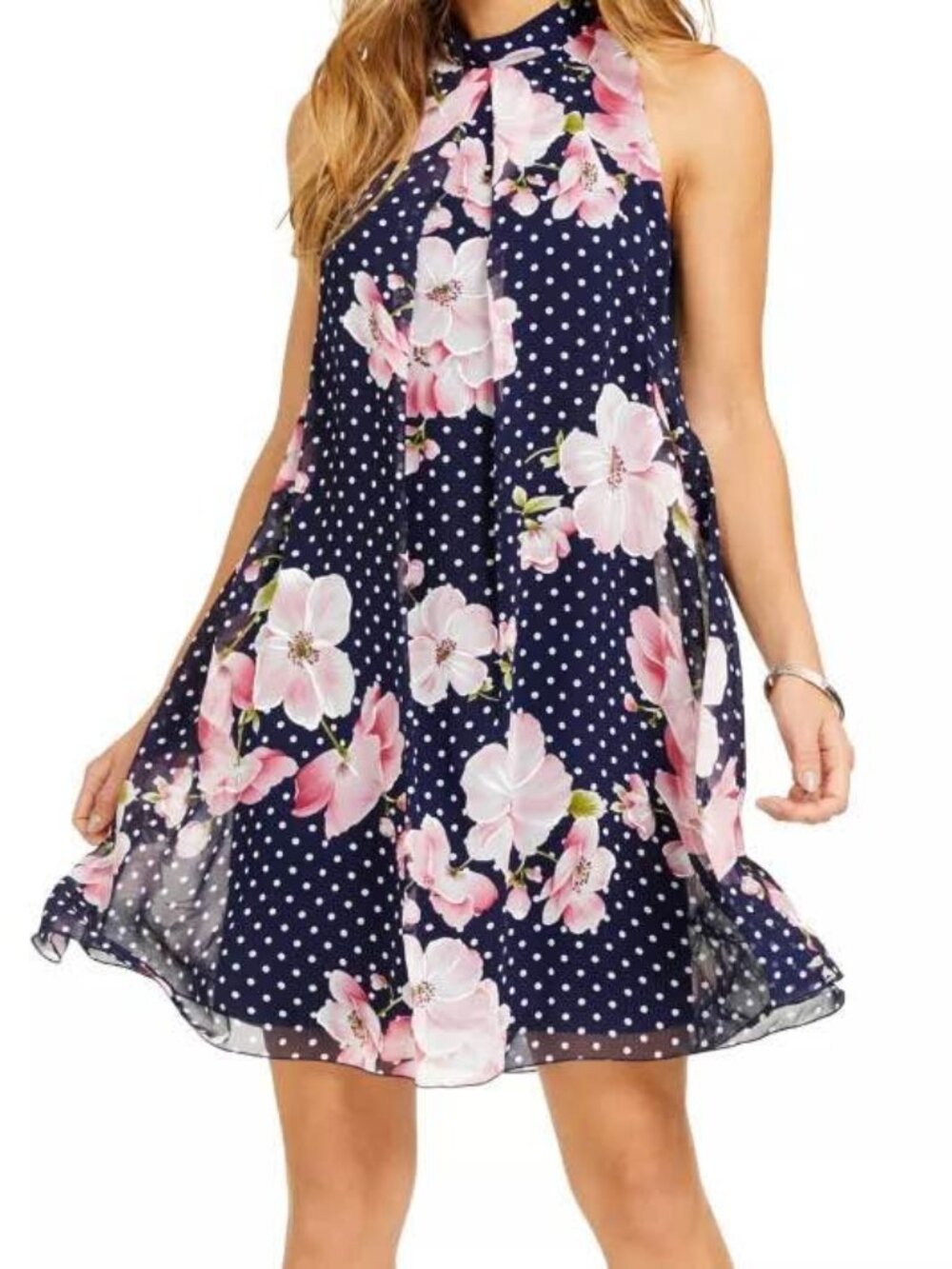 Robbie Bee Navy Floral Polkadot Flowy Pleated Chiffon Halter Bow Dress [size 8]